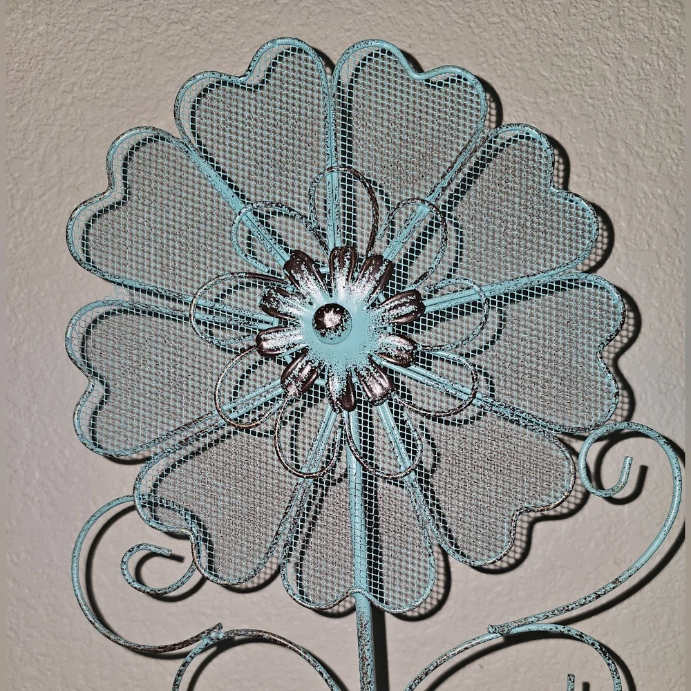 Blue Metal Flower Jewelry Holder on Wooden Stand with Drawer